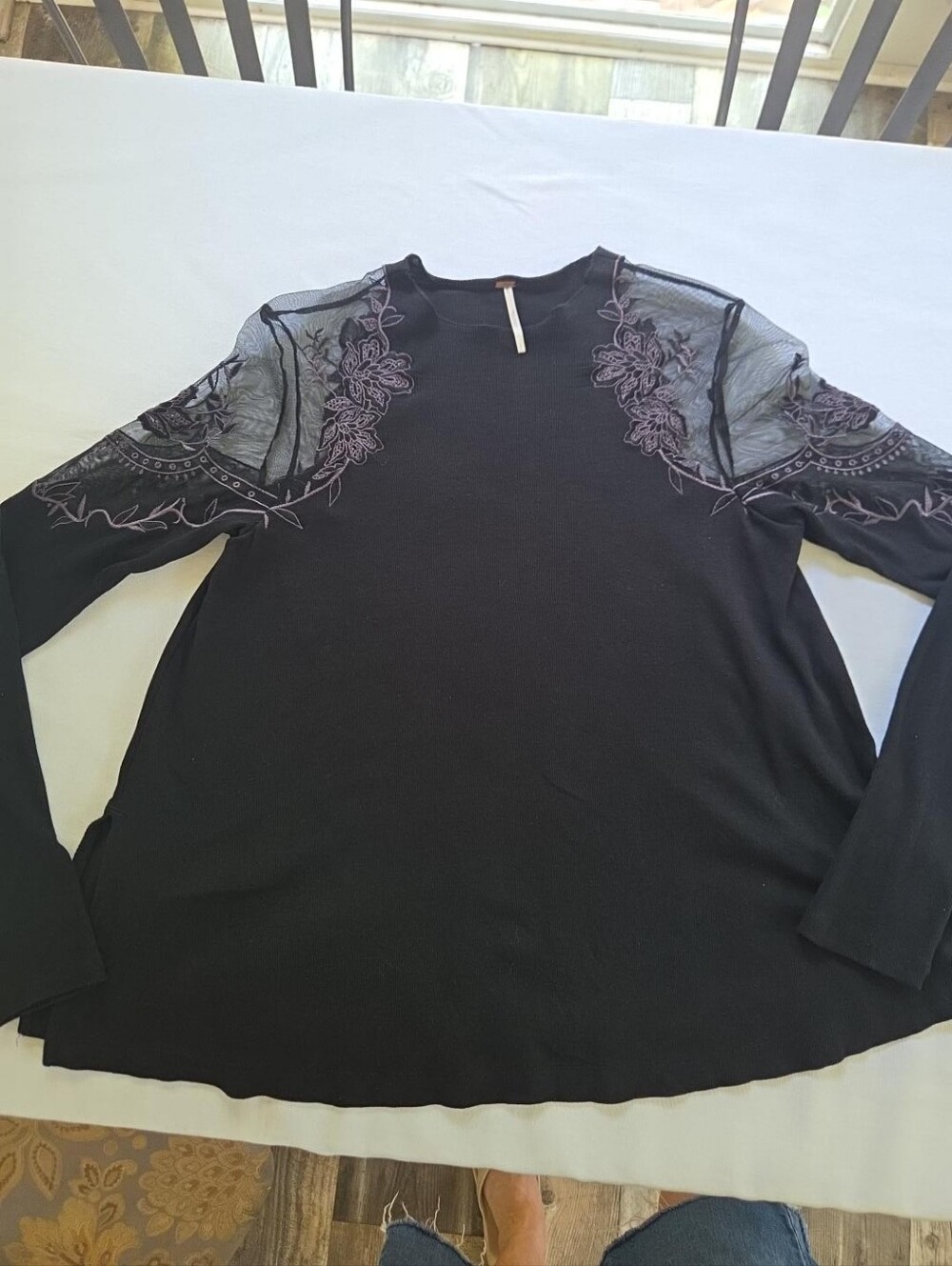 Free People Black Embroidered Sheer Mesh Long Sleeve Top Small
